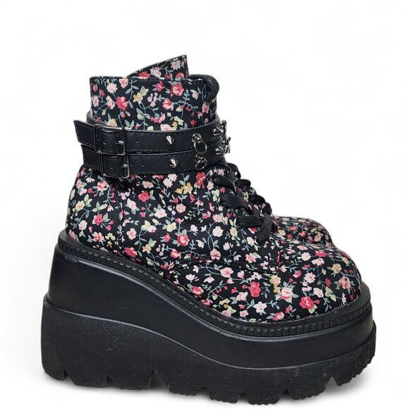 Demonia Shoes - Demonia Shaker 52 Boots Platform Black Floral Womens 8 Spike Goth Grunge
